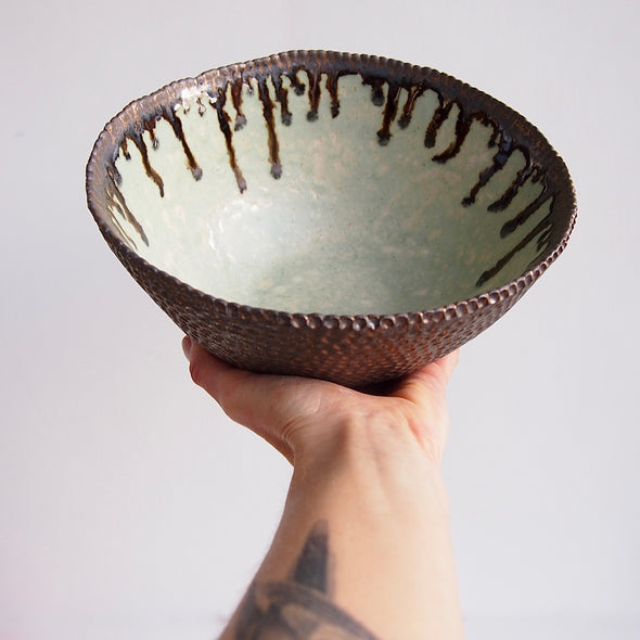 Handmade large turquoise and gold ceramic fruit bowl