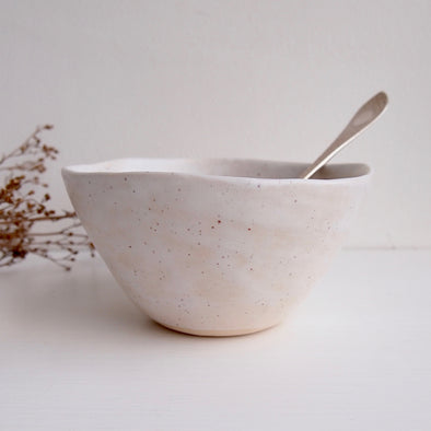 Handmade white satin speckled pottery cereal bowl