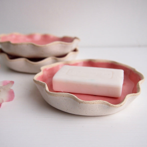 Handmade pink curvy edge  ceramic soap dish