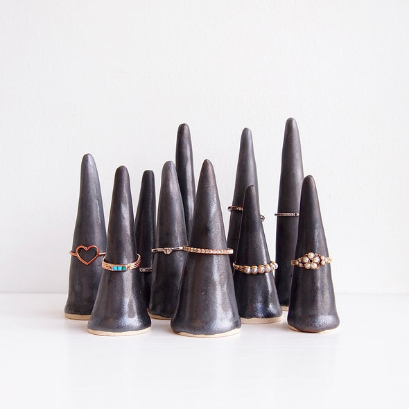 Black metallic handmade ceramic ring cones