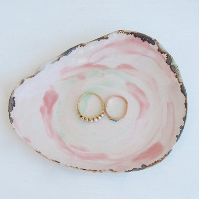 Handmade pastel pink turquoise and gold ceramic ring dish