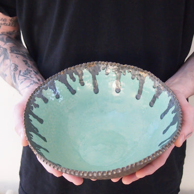 Handmade turquoise and gold textural ceramic fruit bowl