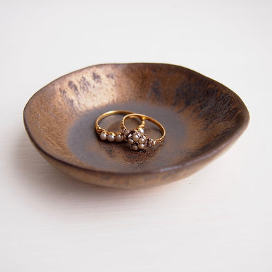 Handmade mini black gold pottery ring dish