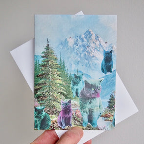 Pastel cats in the mountains birthday card