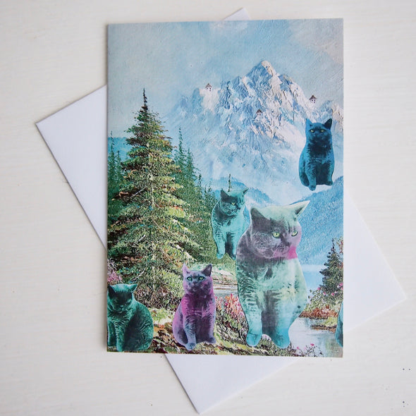 Pastel cats in the mountains birthday card