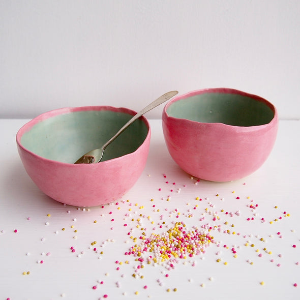 Handmade pastel pink and turquoise ice cream ring bowls