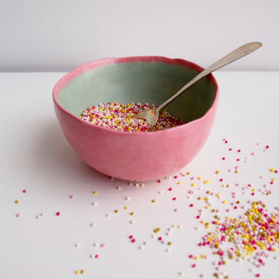 Handmade pastel pink and turquoise ice cream ring bowls