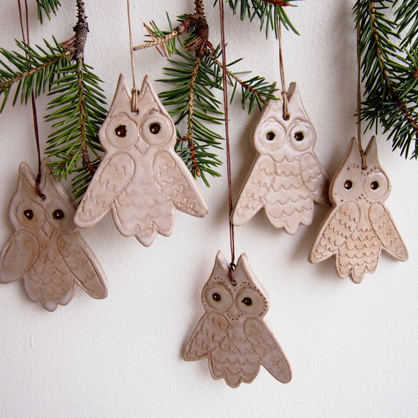 Ceramic owl  hanging ornament decoration in oatmeal