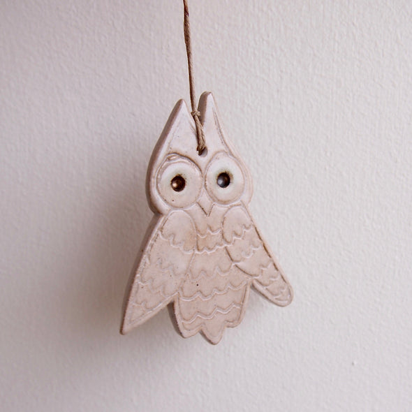 Ceramic owl  hanging ornament decoration in oatmeal