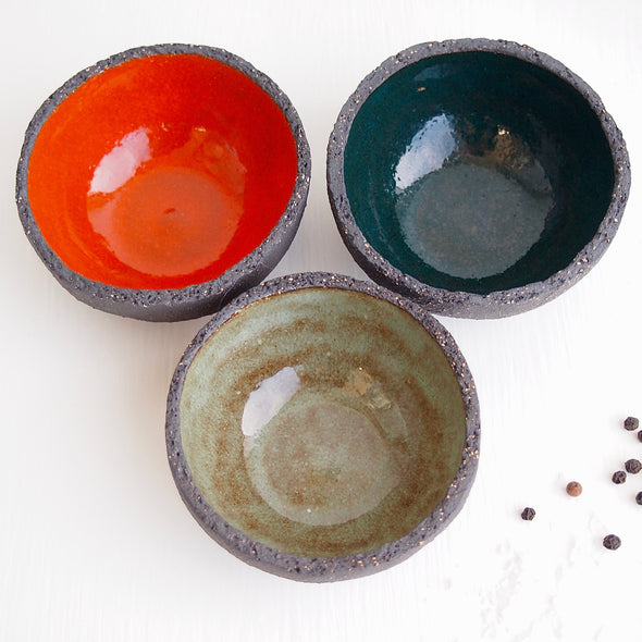 Handmade black clay pottery condiment bowl