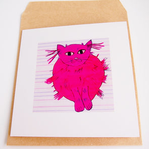 Pink cat illustrated greetings card + envelope  at Kabinshop 