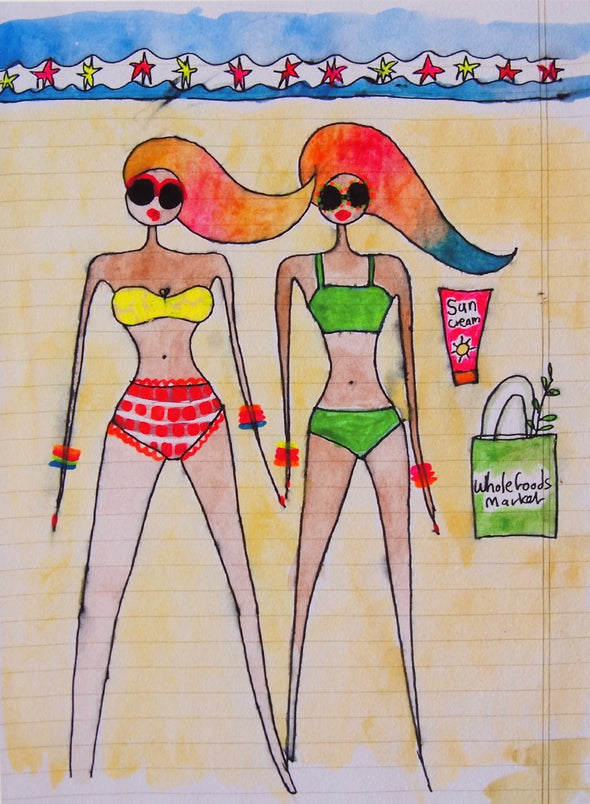Rainbow hair girls on the beach giclee print with wholefoods bag at Kabinshop 