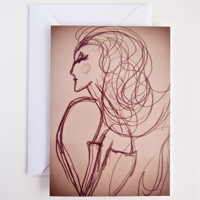 Sepia girl fashion illustration greetings card with envelope .