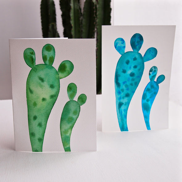Handmade original  cactus card in green and blue.
