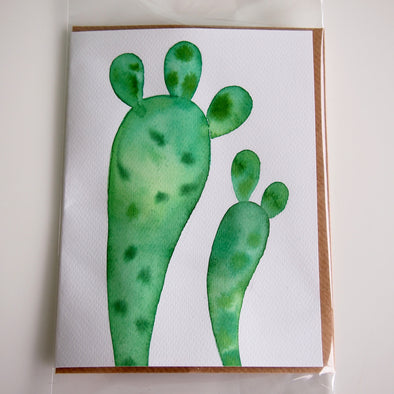 Original green watercolour cactus greeting card in cello sleeve 