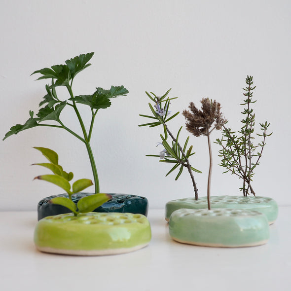 Handmade blue and green gloss  pottery flower arrangement frog