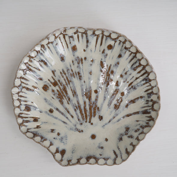 Handmade pottery white and brown shell dish