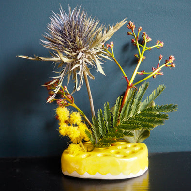 Handmade yellow gloss pottery flower arrangement vase frog