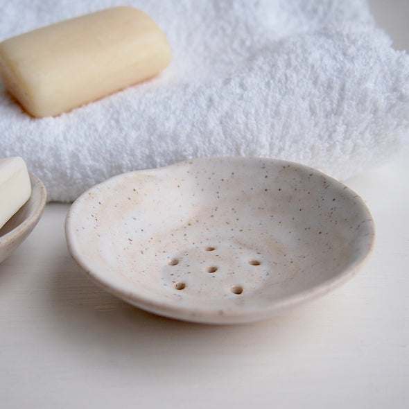 cream speckled mini pottery soap dish and soap