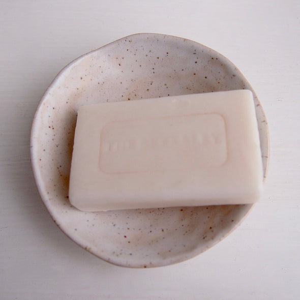 cream speckled mini pottery soap dish with soap