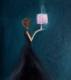 Lady holding a pink cake painting 