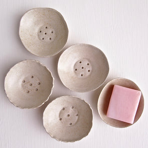 5 Handmade mini round oatmeal pottery soap dish