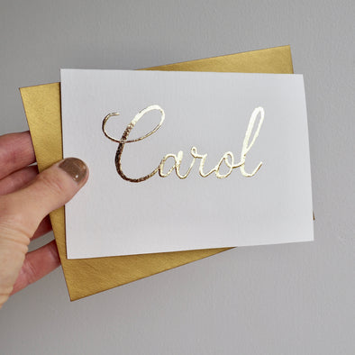 Gold leaf handmade personalised name card
