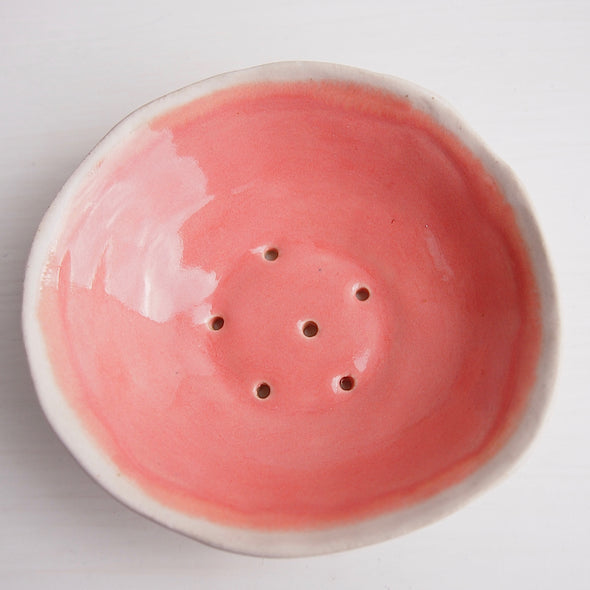 handmade mini pink pottery soap dish top view