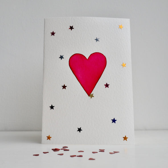 Watercolour red heart Valentines day card with glitter stars