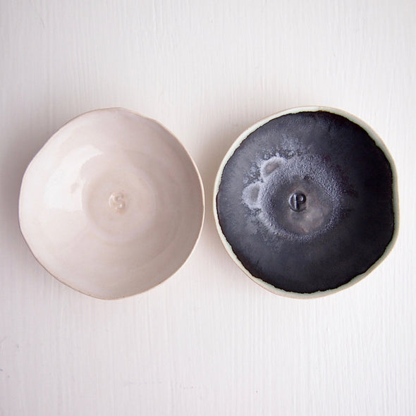 Ceramic handmade pair of black and white salt + pepper dish