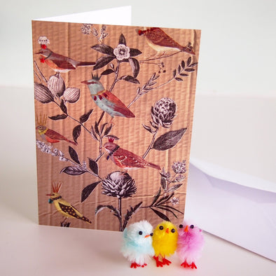 birds and flowers card with easter chicks