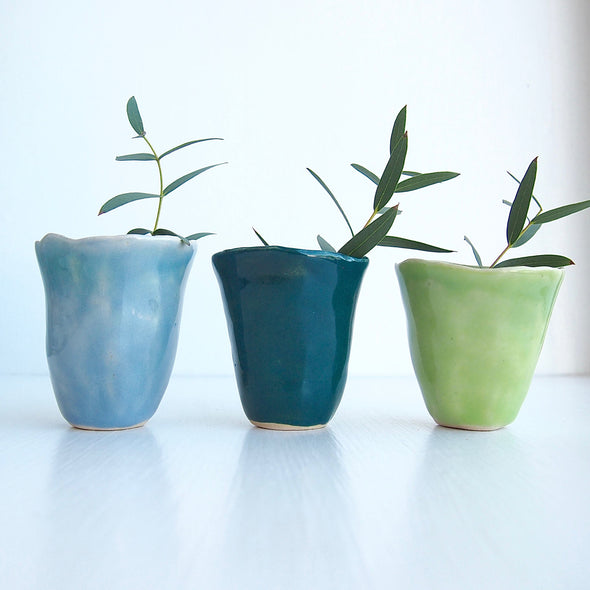 3 blue and green mini vases