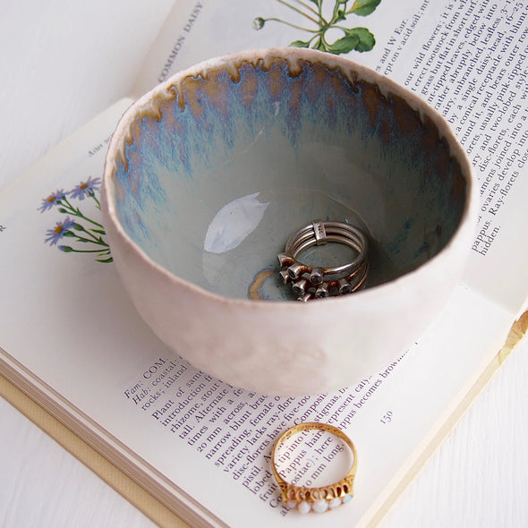 Handmade ceramic blue brown ring bowl