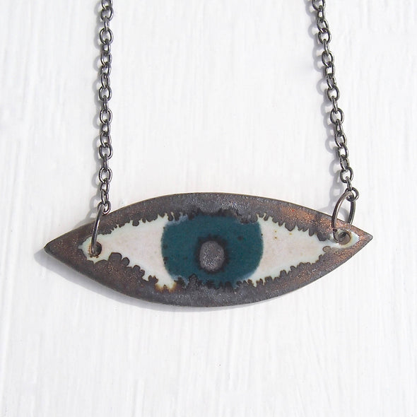 Handmade teal ceramic eye necklace