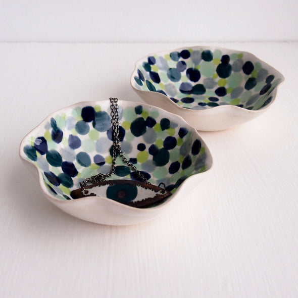 Handmade polka dot blue and green ceramic ring bowl
