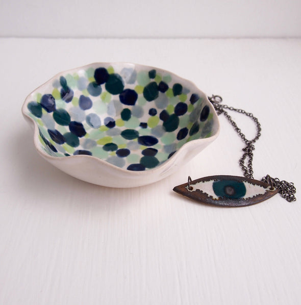 Handmade polka dot blue and green ceramic ring bowl