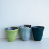 3 blue and green mini ceramic vases