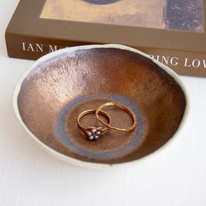 Personalised  8th anniversary gold/cream ring dish for Aaron