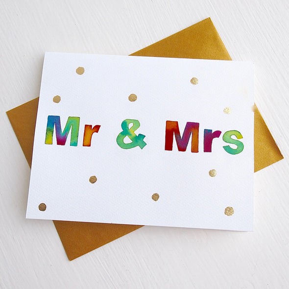 mr and mrs card with gold envelope