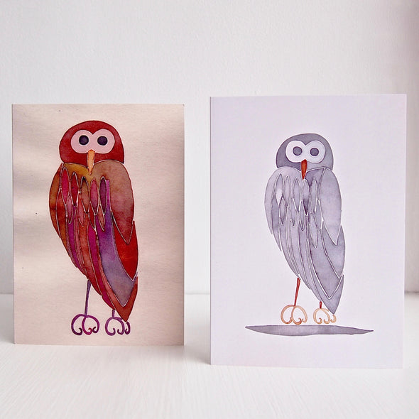 Brown owl and grey owl greetings cards
