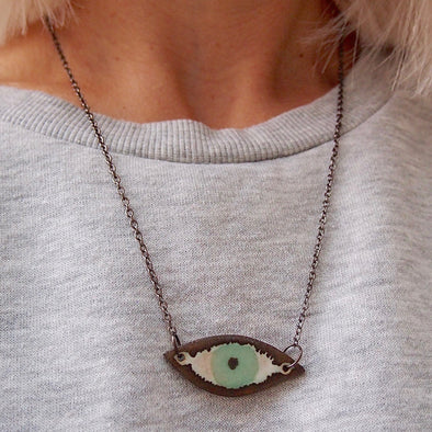 Handmade turquoise ceramic eye necklace