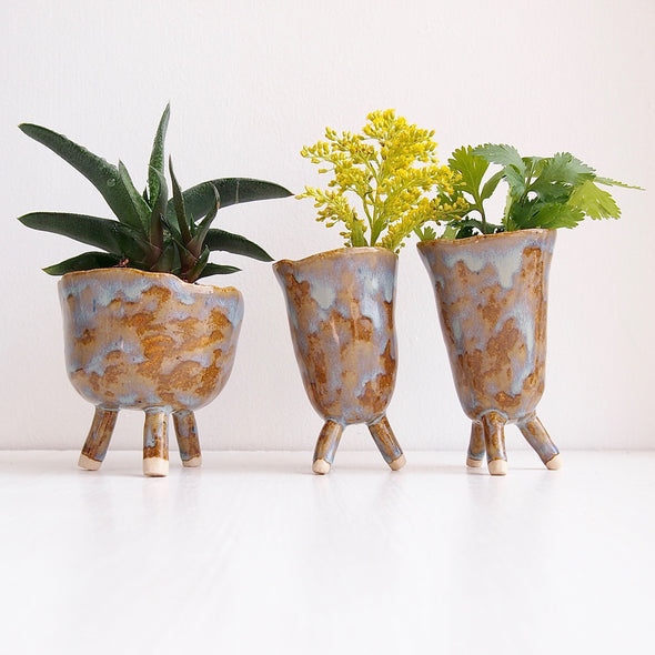 Handmade mini pottery blue/brown tripod planter