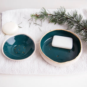 Handmade teal green ceramic soap dish