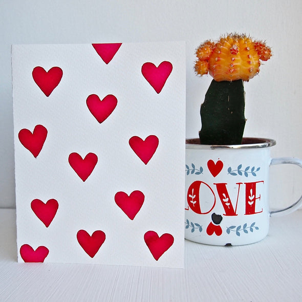 Many love hearts watercolour Valentines card