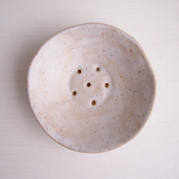 top view cream speckled mini pottery soap dish