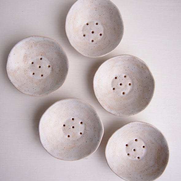 5 cream speckled mini pottery soap dishes
