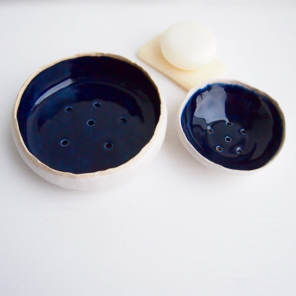 medium and small navy pottery soap dishes