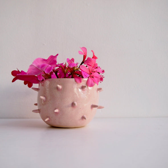 Handmade pink gloss ceramic spiky planter bowl