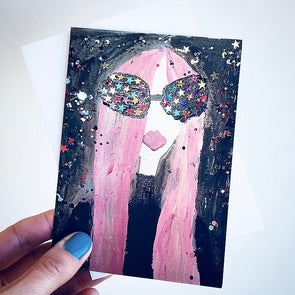 girl with pink hair and starry eyes birthday card