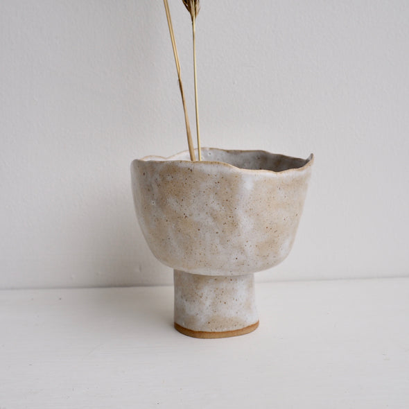 Handmade satin oatmeal pottery bowl vase with base
